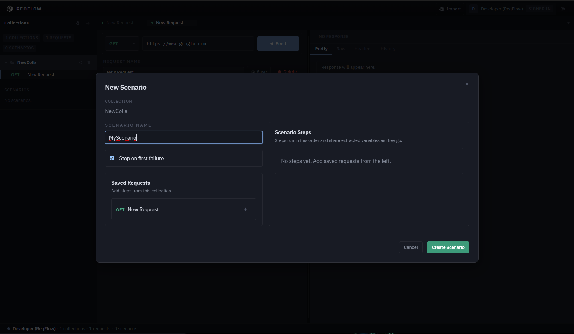 ReqFlow scenario builder modal with step sequencing